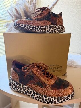Spring Step Women’s Brown Paisley Leather Sneakers with Leopard-Print Platform